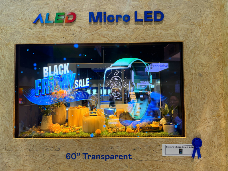 世界杯官方网站入口60吋高透明度Micro LED显示器获&rdquo;最佳Micro LED技术应用奖&rdquo;，将Micro LED面板透明化之设计特性极致发挥，以可扩展性无缝拼接技术打造，具备600 nits全画面亮度、大于60%穿透率及超过NTSC 110%的优异广色域表现，可依需求灵活应用于各种场域