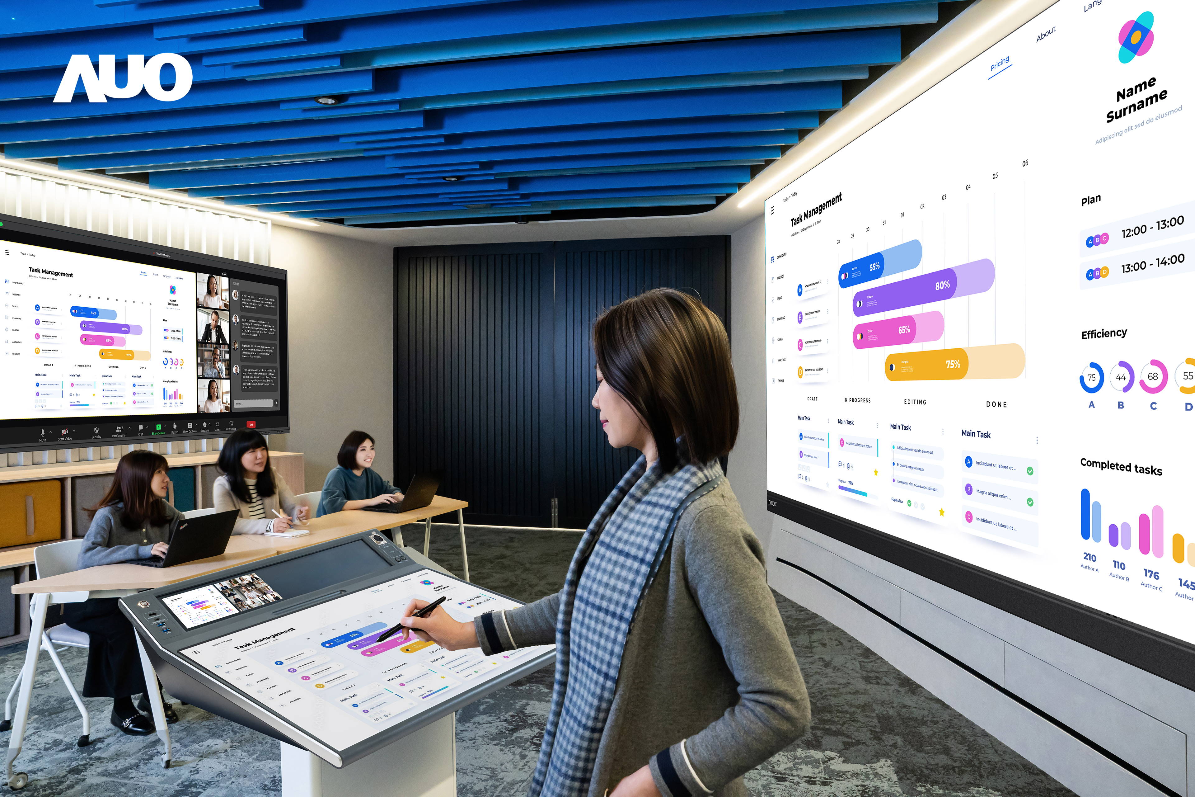 达擎携手Avocor与Rise Vision展示全方位商务领域应用，包含采用模块化设计的138吋一体式All-in-One LED显示器及具21:9超宽比例的92吋交互式电子白板（IFPD），讲者可轻松分享内容，有效提升会议协作效率。